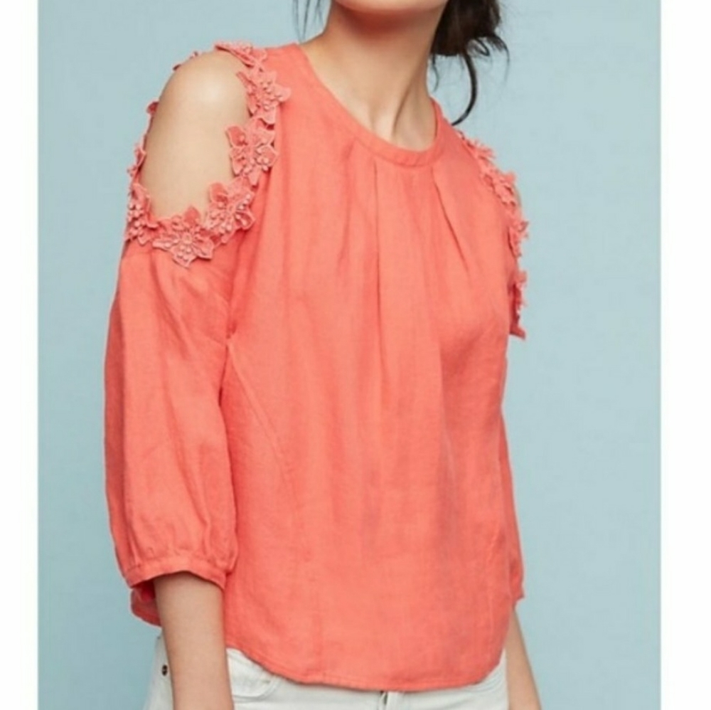 Eri + Ali Cold Shoulder Floral Linen Blouse S